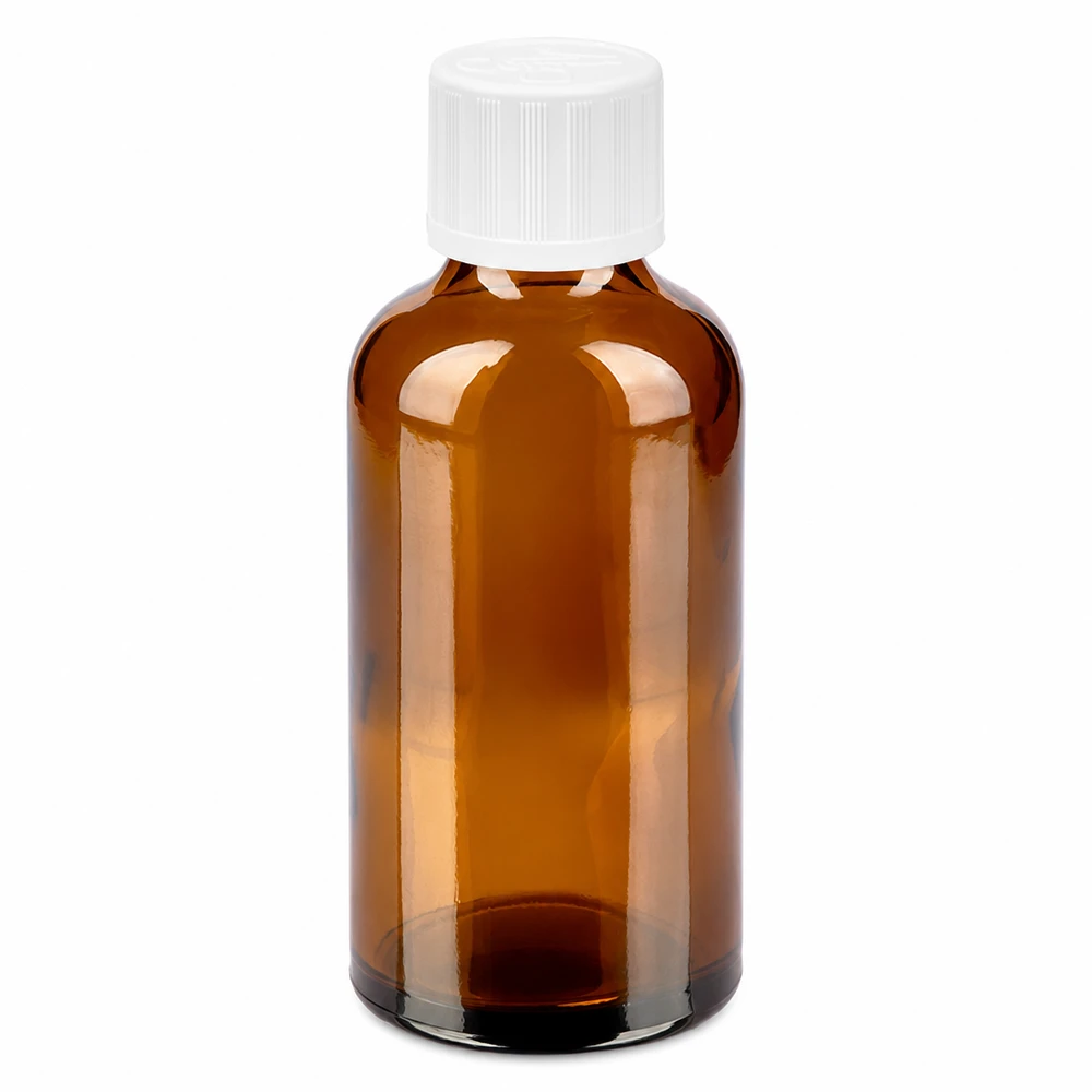 50 ml bärnstensfärgad glasflaska med vitt skruvlock för läkemedel och kosmetika