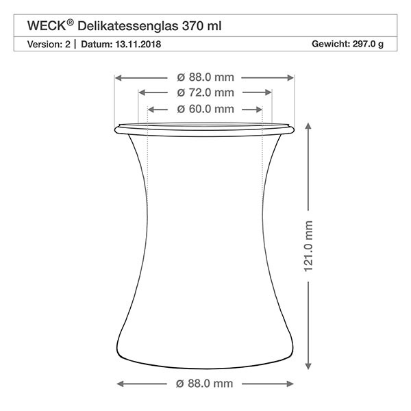 370ml delikatessburk WECK RR80 med kork naturell WECK delicatessen burk 370ml RR80 teknisk ritning med mått diameter 88mm höjd 121mm vikt 297g