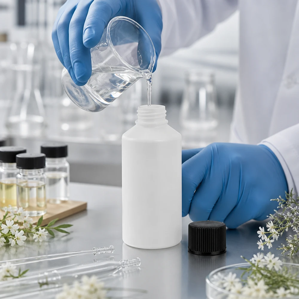 Apoteksflaska HDPE 50ml vit, med svart skruvlock En laboratorieassistent häller en klar vätska i en vit 50 ml HDPE-apotekflaska med skruvlock