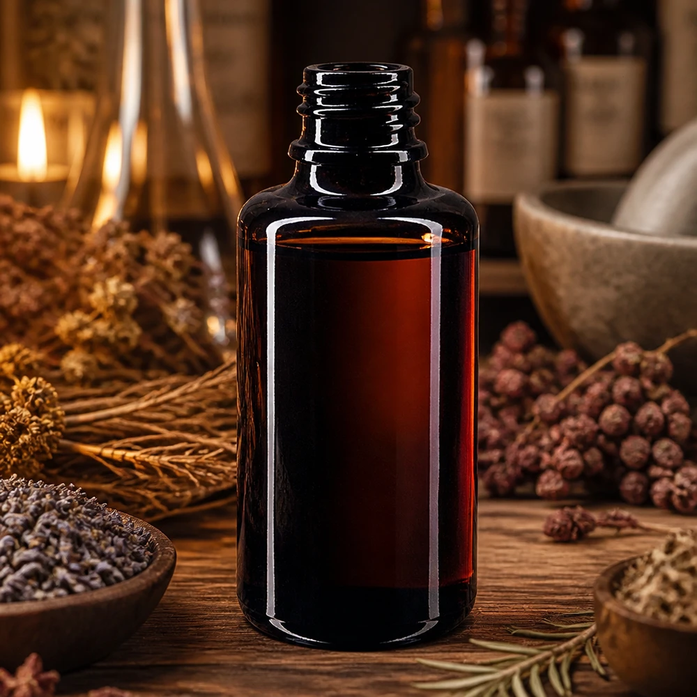 Kompakt 30 ml Orion droppflaska tillverkad av violett Miron-glas, idealisk för örtextrakt och essenser