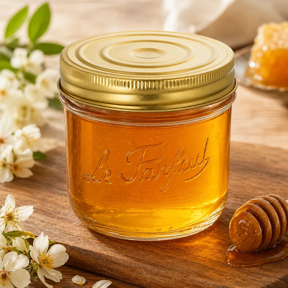 Le Parfait® Familia Wiss 350 g Ø100 mm burk Honung i en 415 ml Le Parfait Familia Wiss-burk med gyllene lock på en träbräda med blommor och honungssked