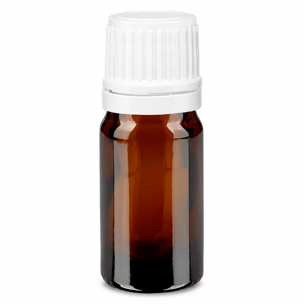 Apoteksflaska brun 5ml skruvkork vit med manipulationsskydd 5 ml brun apotekarflaska av bärnstensglas med vitt skruvlock, 11 mm