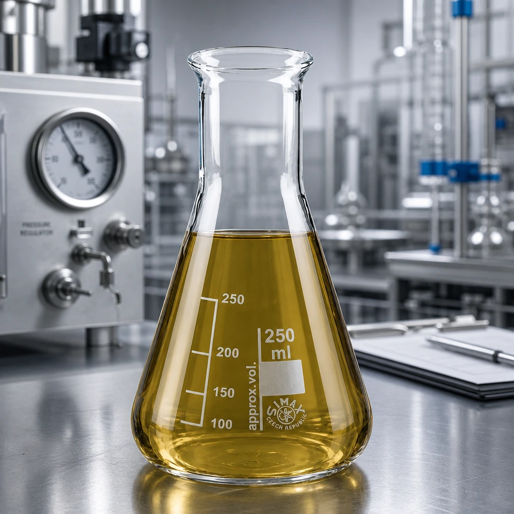 Erlenmeyerkolv 250 ml med smal hals Värmebeständig 250 ml Erlenmeyerkolv av borosilikatglas med gul vätska i modern laboratoriedesign