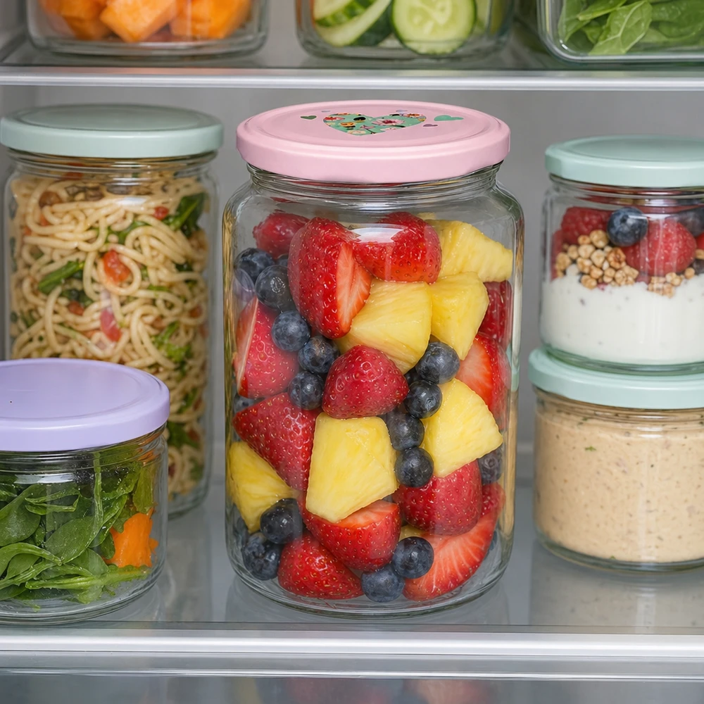 795 ml rund burk + BasicSeal-lock hjärtrosa UNiTWIST Rundglas 795ml mit rosa Herzdeckel gefüllt mit Obstsalat im Kühlschrank neben anderen Vorratsgläsern mit Salat und Nudel