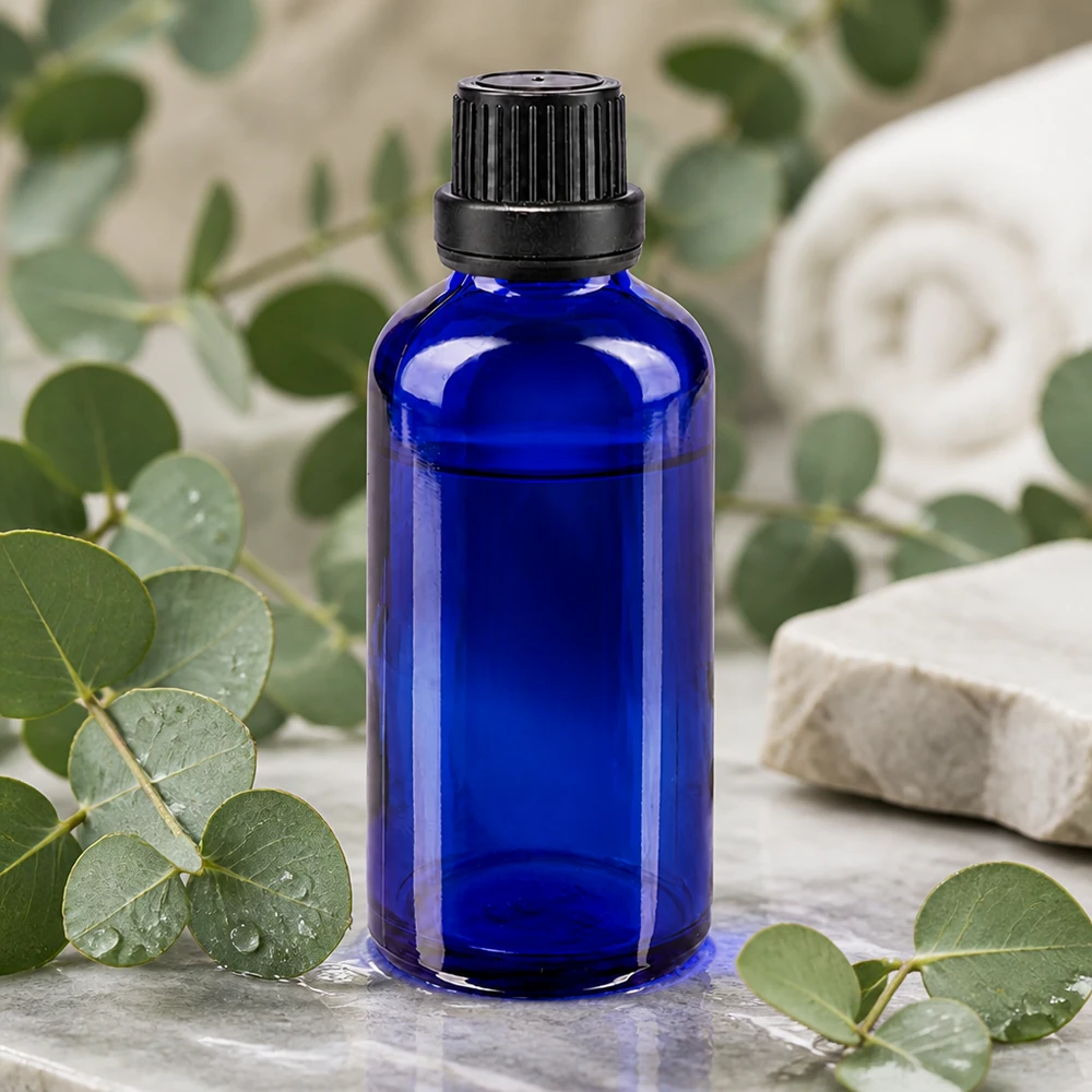 Apoteksflaska blå 50ml skruvkork svart manipulationsskyddad förslutning Koboltblå 50 ml apoteksflaska med svart OV-skruvlock bland eukalyptusgrenar
