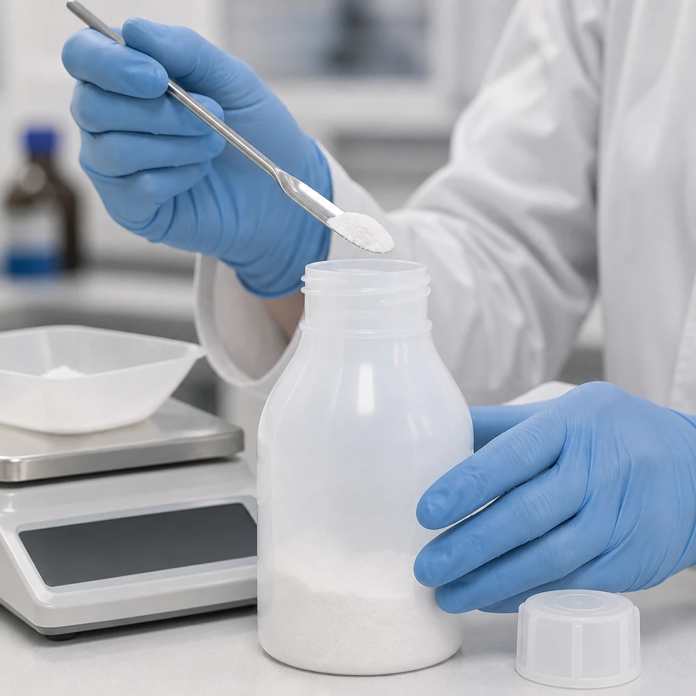 30ml skruvflaska, laboratorieflaska med smal hals Vitt laboratoriepulver fylls med en spatel i en 30 ml skruvflaska med smal hals av HDPE