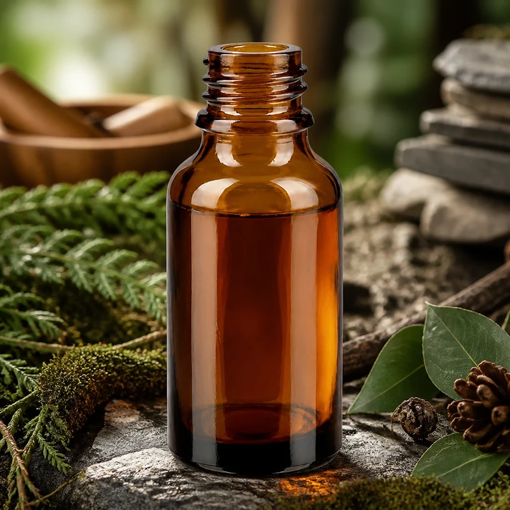 Droppflaska 30 ml DIN 18 bärnstensfärgat glas LOW SHAPE 30 ml brun ApoGlas-flaska i en naturlig skogsmiljö med mossa, ormbunkar och kottar för naturopati