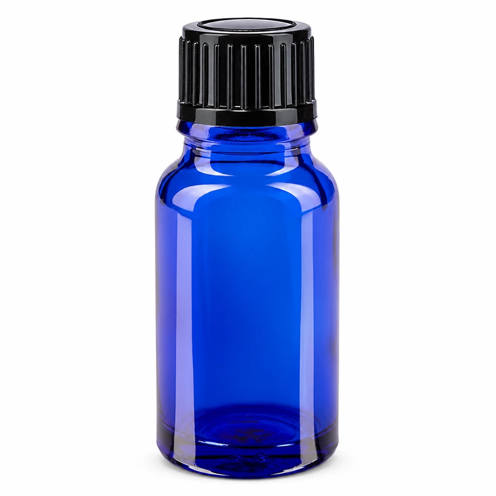 Apoteksflaska blå 10ml skruvlock svart standard 10 ml blå apotekarflaska i glas med svart skruvlock, 11 mm standard