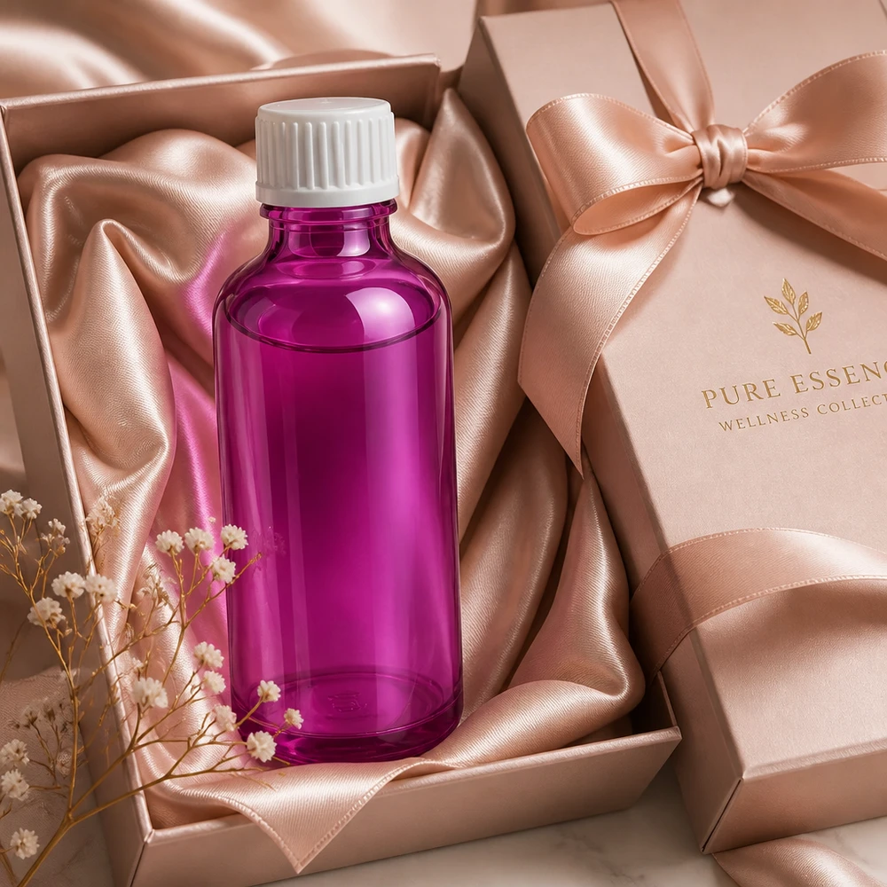 Kompakt 50 ml droppflaska i elegant lila med exakt 0,9 mm doseringspip för hälsoprodukter