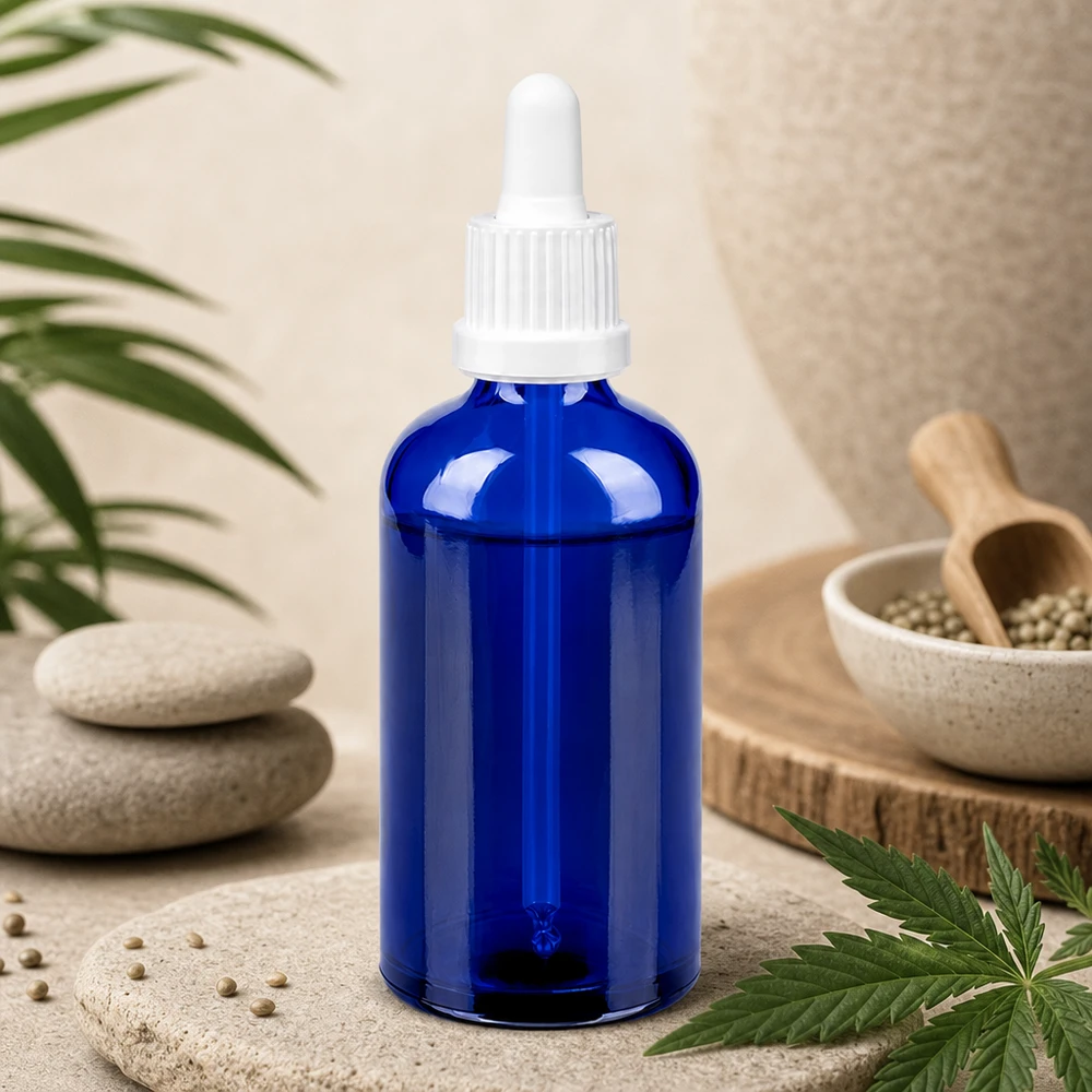 100 ml pipettflaska vit med säkerhetsförslutning BlueLine UT18/100 100 ml blå glasflaska med vit pipett, idealisk för CBD-olja och tinkturer BlueLine UT18/100