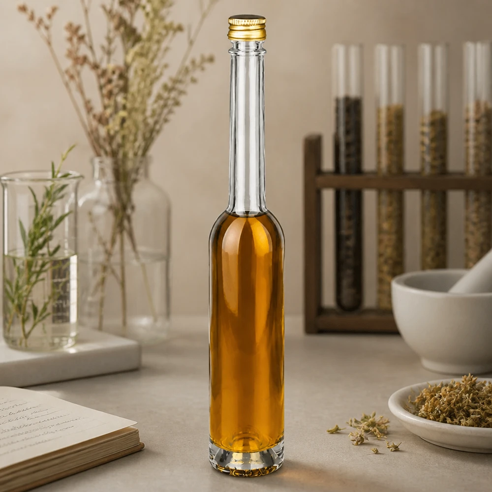 100 ml glasflaska Toni och skruvkork silver UNiTWIST® 100ml Glasflasche Toni mit bernsteinfarbener Flüssigkeit in apotheker-inspiriertem Ambiente - UNiTWIST Goldverschluss