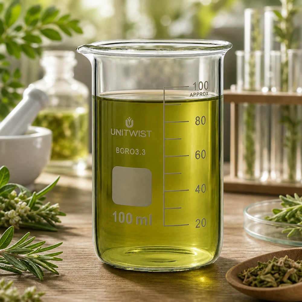 Bägare 100ml borosilikat, hög form UNiTWIST UNITWIST Glasbägare 100 ml, hög form, borosilikatglas med grön örtolja omgiven av färska medicinalväxter