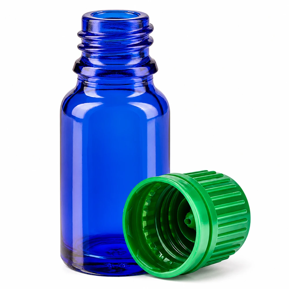 10ml flaska 11mm skruvkork grönt säkerhetslock BlueLine UT18/10 Liten 10 ml koboltblå glasflaska med grönt lock för aromaterapi och naturkosmetika