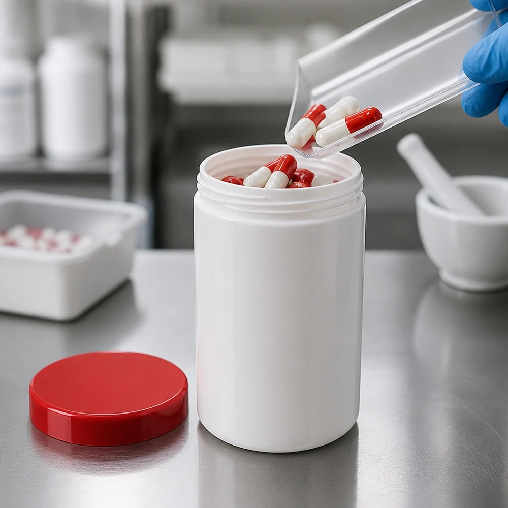 Salvburk 250g vit med rött skruvlock (polypropylen) Röda och vita kapslar fylls i vita PP-salvburkar på 250 g med rött skruvlock