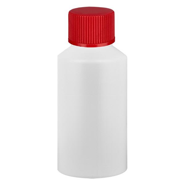 Apoteksflaska HDPE 50ml vit, med rött skruvlock Apoteksflaska HDPE 50ml vit, med rött skruvlock