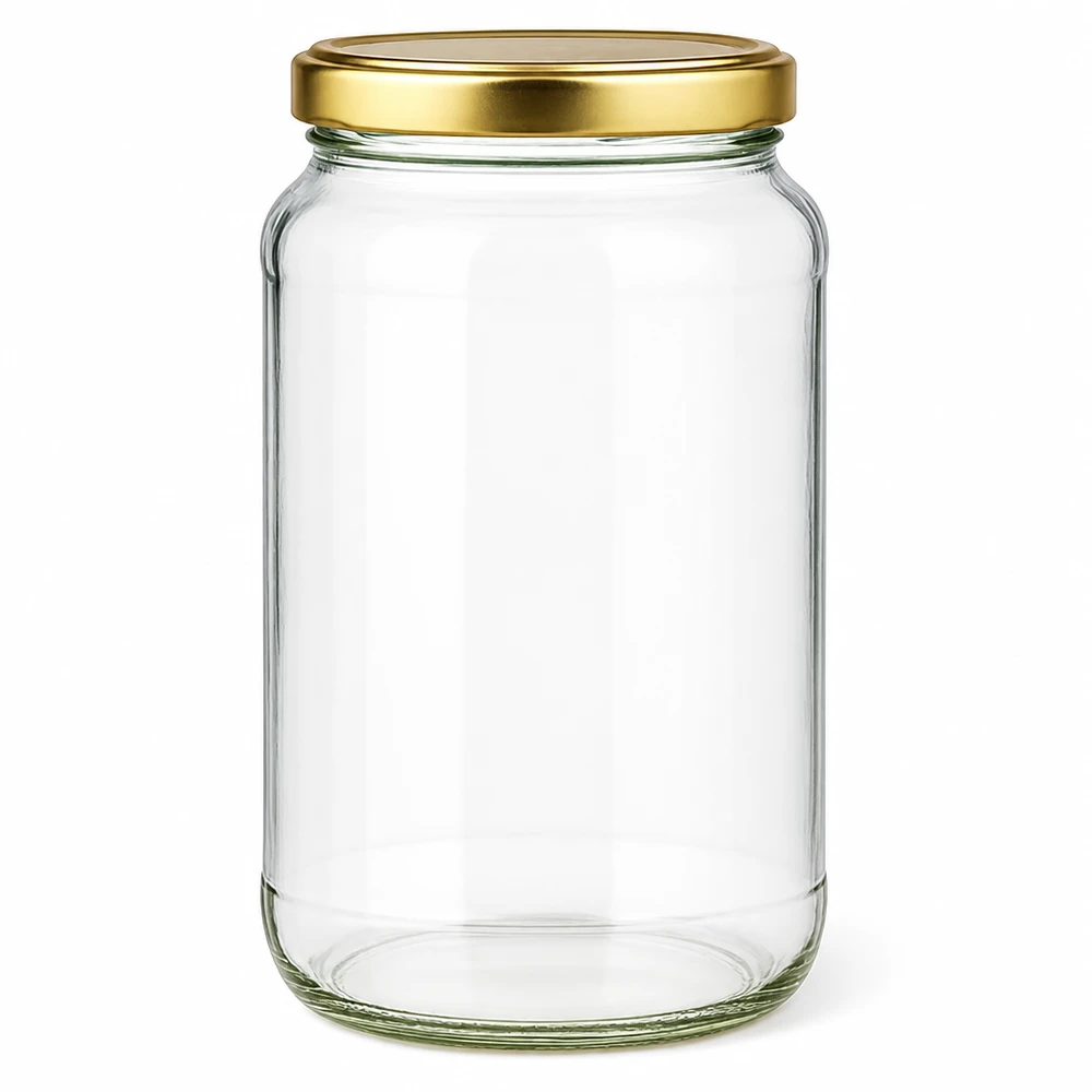 1700ml rund burk med BasicSeal-lock guld UNiTWIST 1700 ml rund burk med gyllene BasicSeal UNiTWIST-lock - tom konserveringsburk av klarglas för konservering