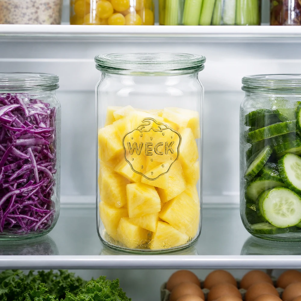 340ml cylinderburk med glaslock WECK RR60 WECK 340 ml cylinderburk RR60 i kylskåpet fylld med ananas bredvid rödkål och gurka för måltidsförberedande organisation