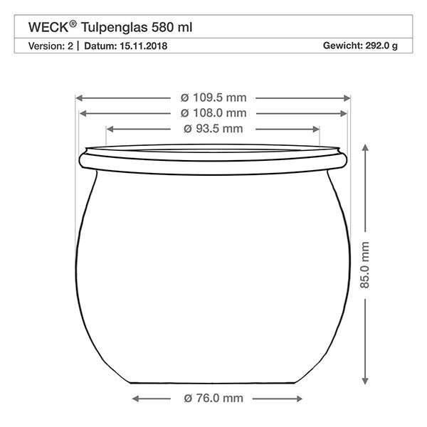 580ml tulpanburk WECK RR100 med kork naturell Teknisk ritning WECK tulpanburk 580ml RR100 med mått Diameter Höjd Vikt Produktspecifikation