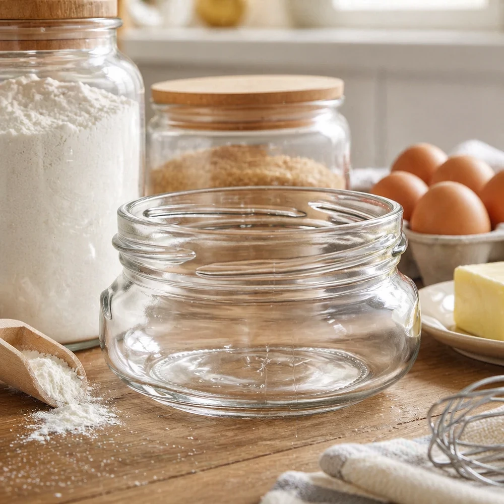 UNiTWIST Terrina120 terrinburk 120ml TO70 tom på träskiva i kök med bakingredienser och förvaringsburkar
