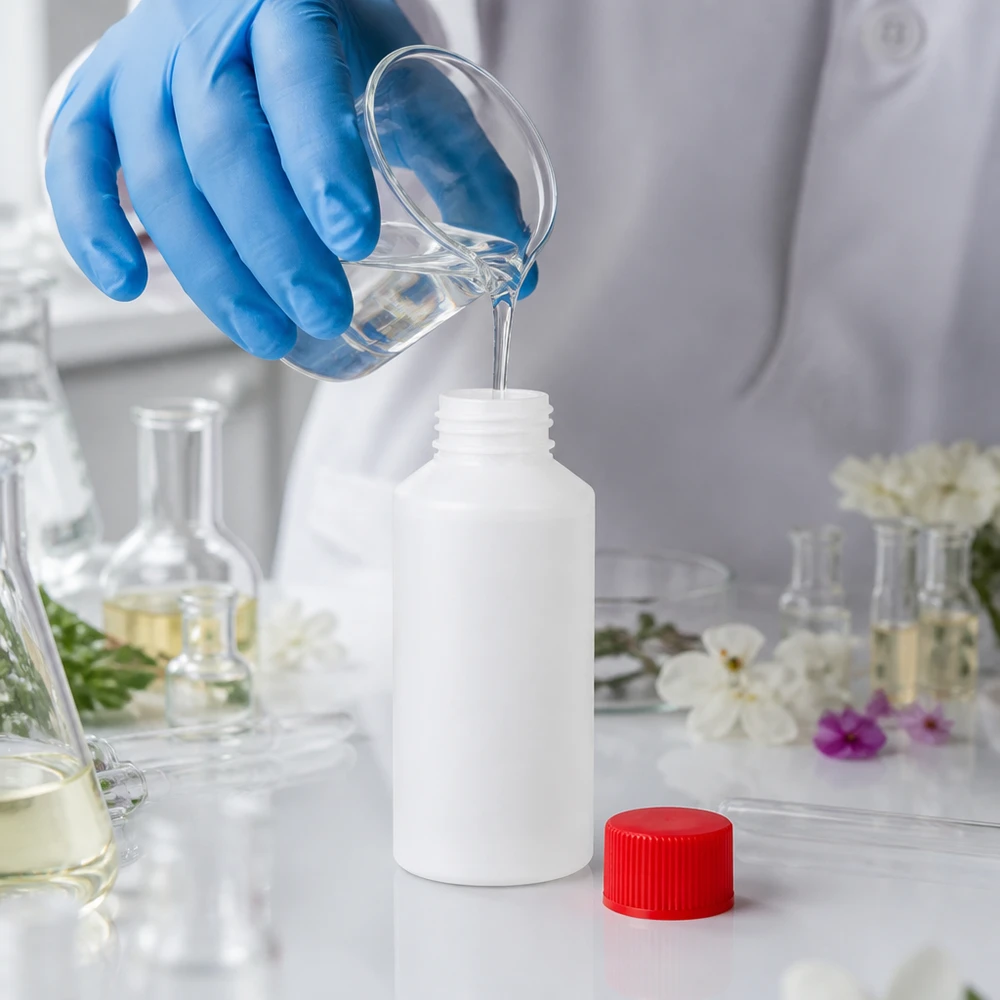 Apoteksflaska HDPE 50ml vit, med rött skruvlock Farmaceutisk HDPE-flaska, 50 ml, vit med rött SV-märke, fylld med klar vätska
