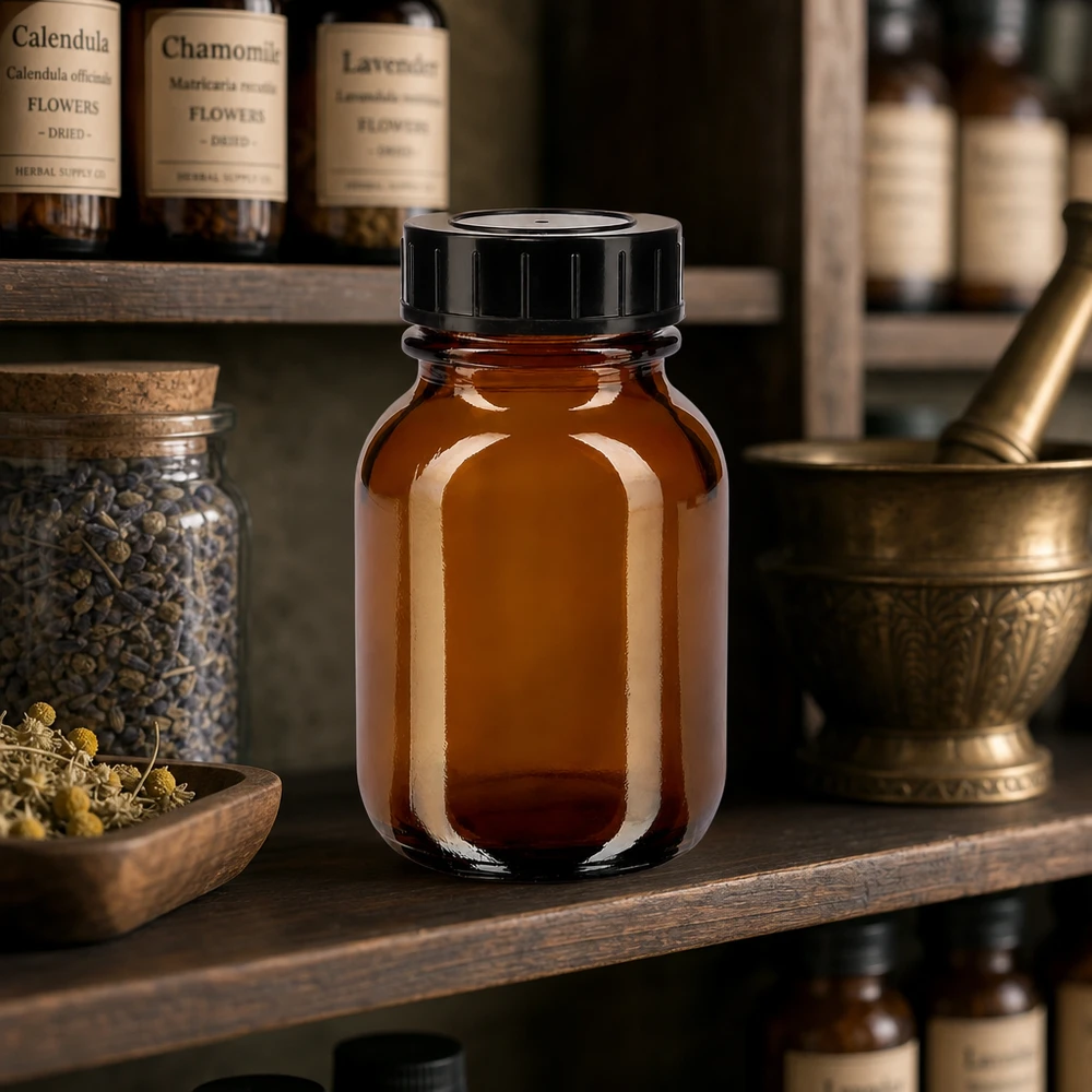 Högkvalitativ 50 ml bärnstensfärgad glasflaska med bred halsprofil för farmaceutiska och kosmetiska tillämpningar