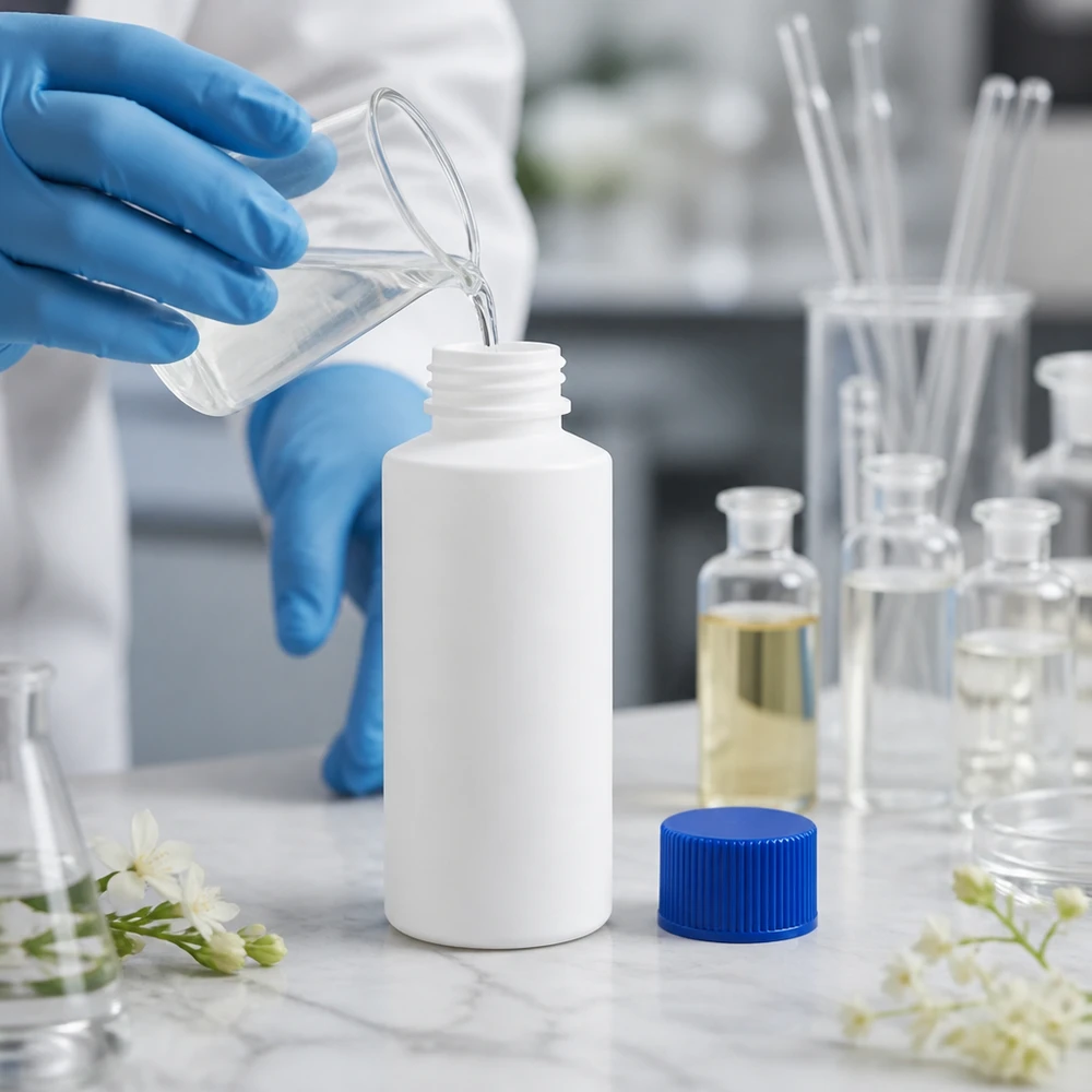 Liten vit plastflaska på 30 ml med blå barnsäkerhetsförslutning för laboratoriebruk