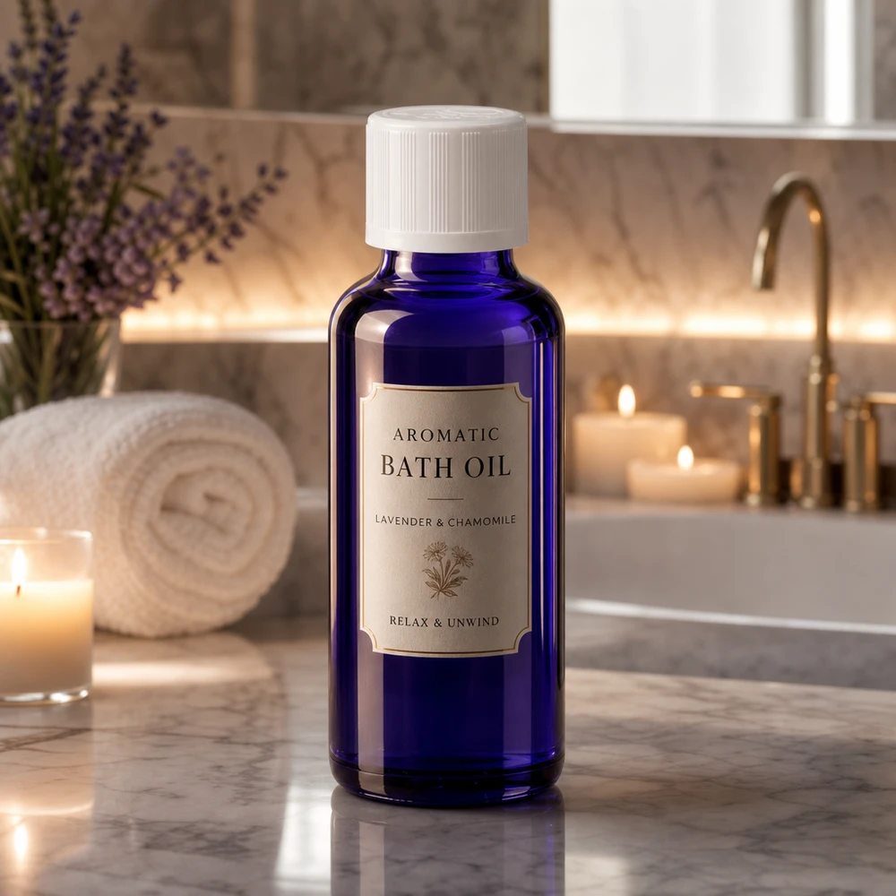 Apoteksflaska blå 30ml skruvkork vit barnsäker standard Blå 30 ml apotekarflaska för badolja med lavendel och kamomill i badrumsmiljö