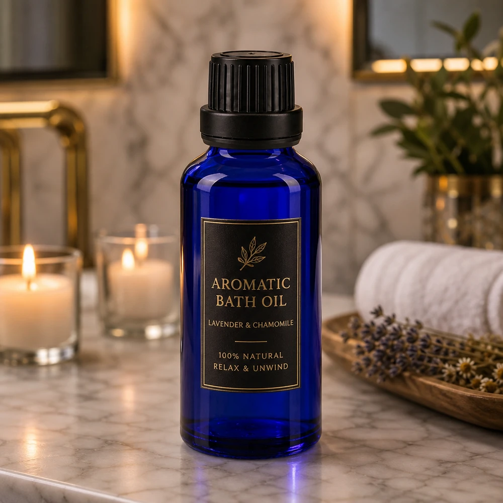 Apoteksflaska blå 30ml skruvkork svart manipuleringssäker förslutning Liten 30 ml apoteksflaska i koboltblått med skruvlock för badolja med lavendel och kamomill