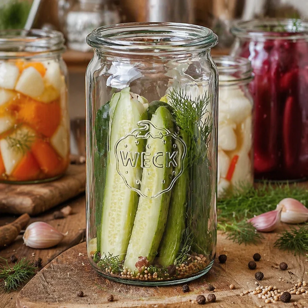 WECK cylinderburk 340ml RR60 med inlagd gurka och dill visar mångsidig användning för inläggning av grönsaker
