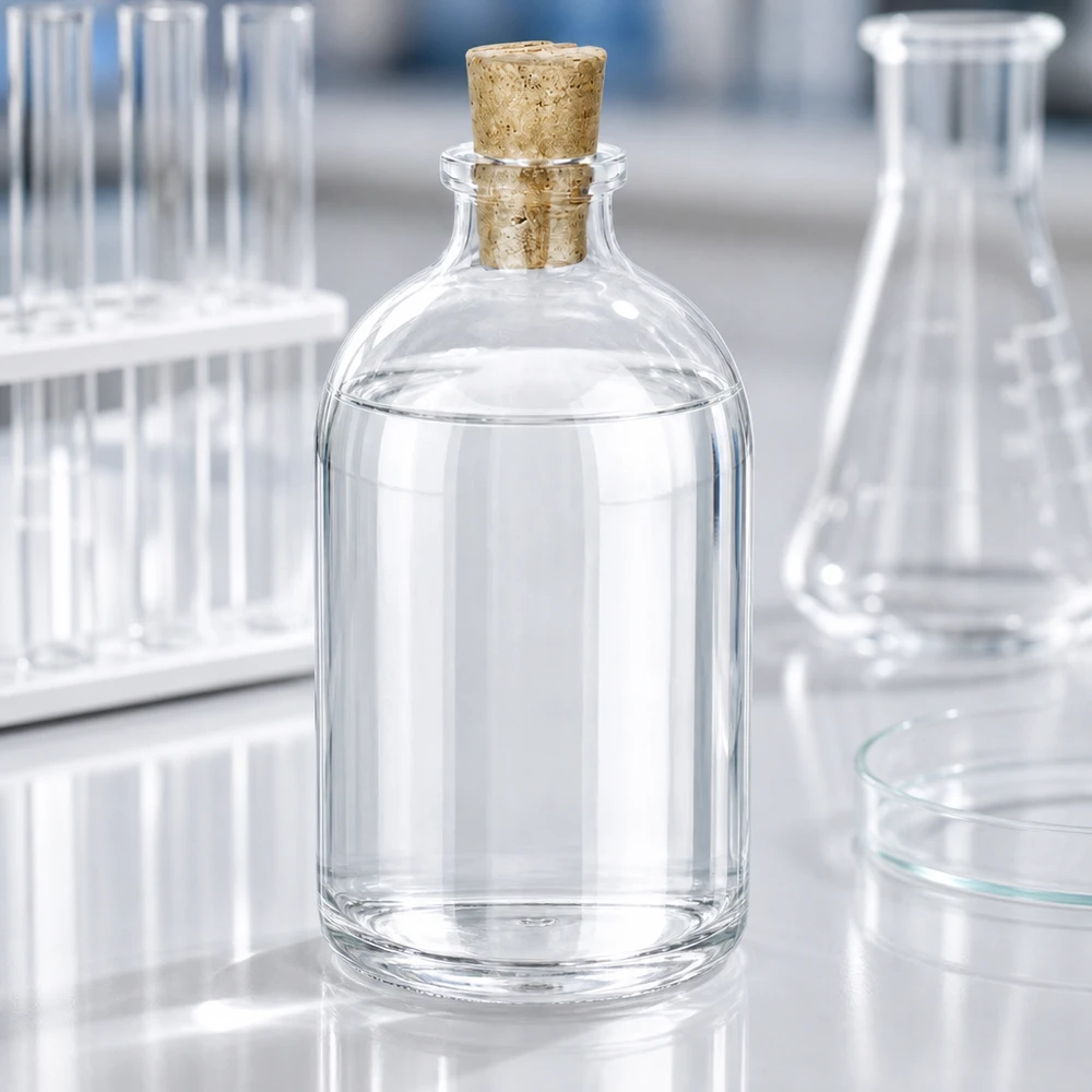 Klarglasflaska 100ml med kork 11/14mm Miniaturflasche Klarglas 100ml mit konischem Korken auf Labortisch