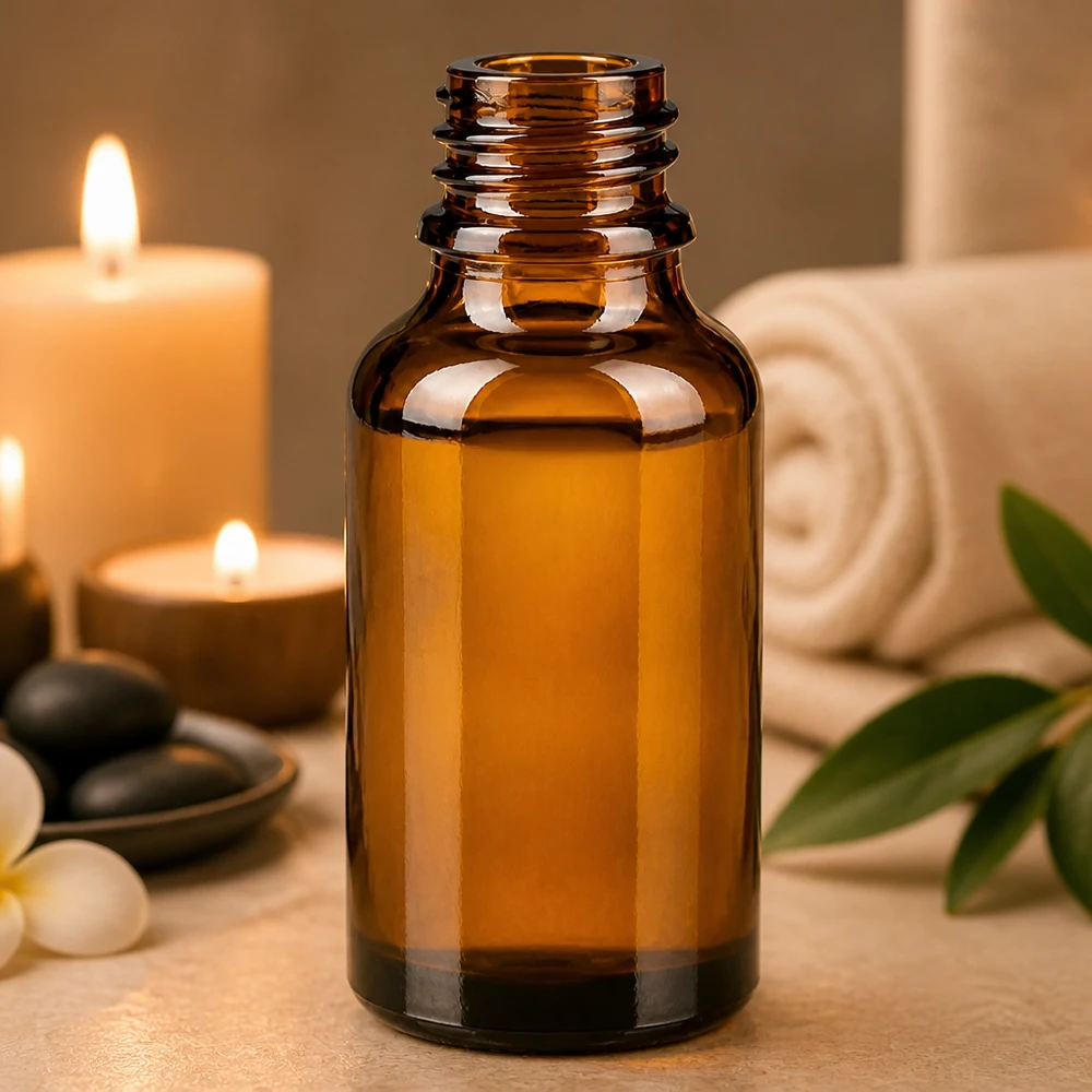 Droppflaska 30 ml DIN 18 bärnstensfärgat glas LOW SHAPE 30ml brun ApoGlas-flaska med wellness-tillbehör spa stenar handduk och aromaterapiljus