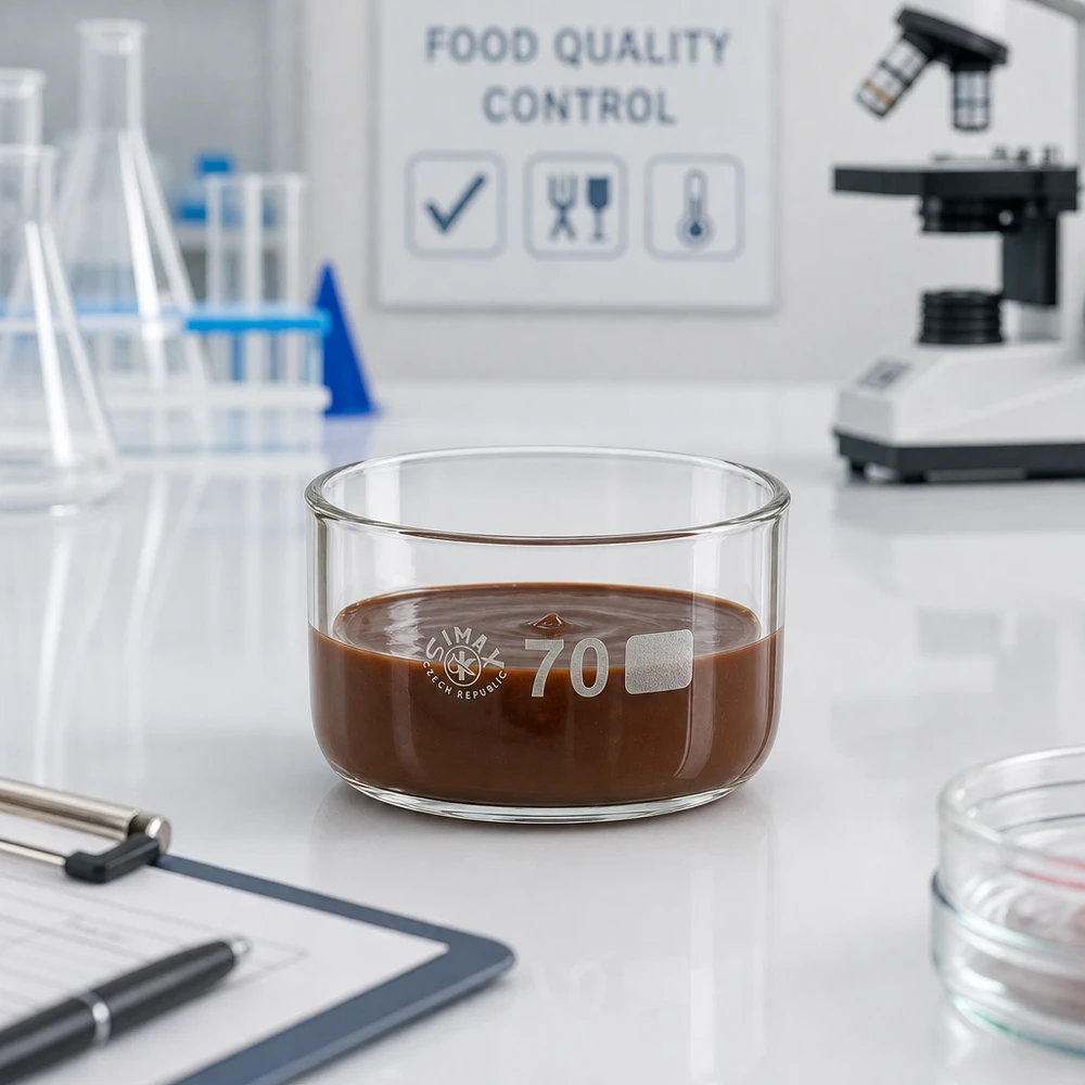 100ml kristalliseringsskål utan pip borosilikat ø70mm Kristalliseringsskål på 100 ml med chokladmassa vid livsmedelskvalitetskontroll i laboratoriet