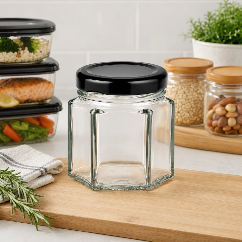 47 ml hexa burk med lock BasicSeal svart UNiTWIST 47 ml tom hexaburk med svart BasicSeal-lock i ett modernt kök bredvid förvaringsburkar och måltidsförberedande lådor