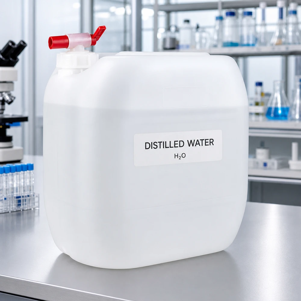 30 liters dunk med avtappningskran 30-litersdunk med röd tappkran och etikett med texten ”Destillerat vatten” i laboratoriemiljö