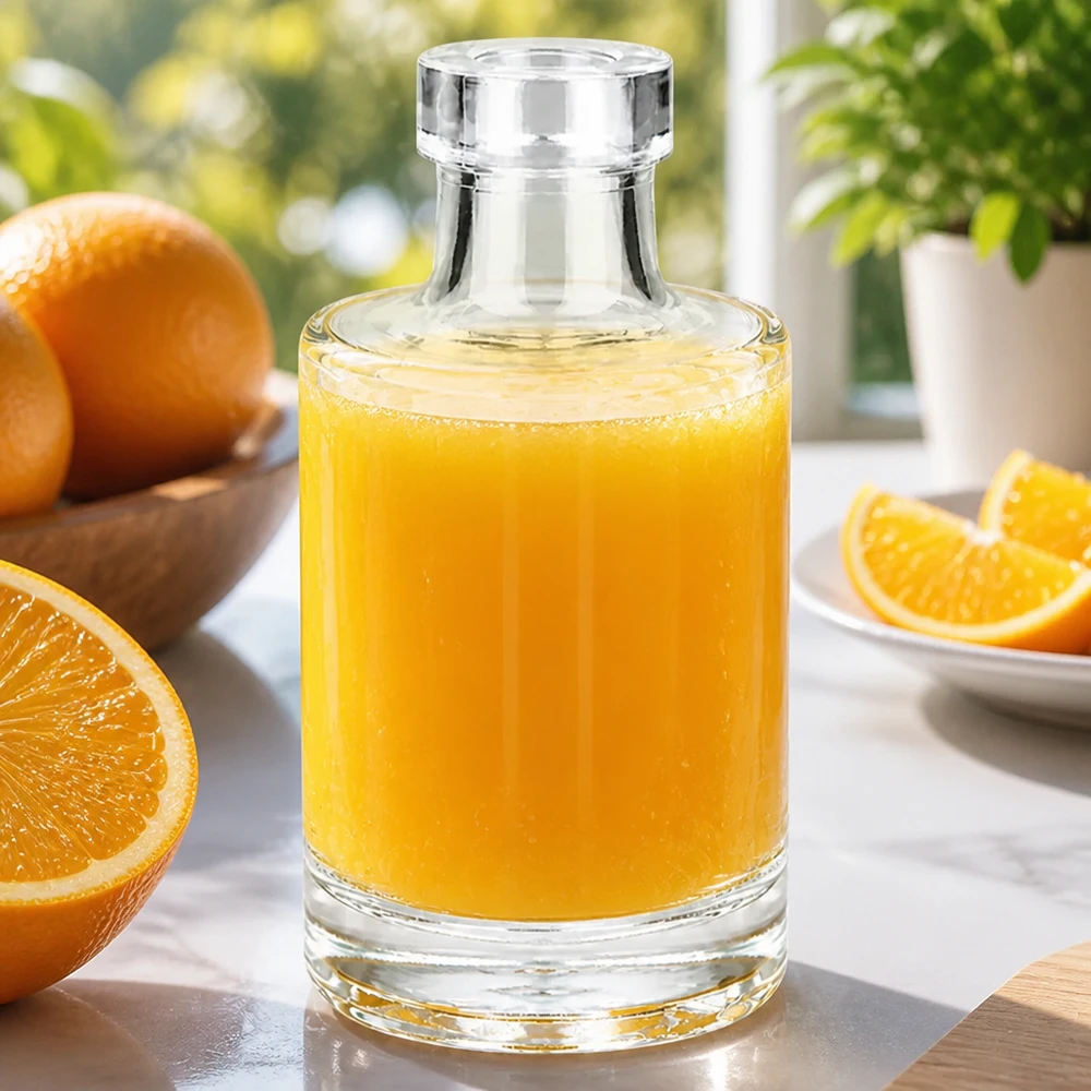100 ml glasflaska Marie fylld med apelsinjuice omgiven av färska apelsiner och apelsinskivor på ett marmorbord