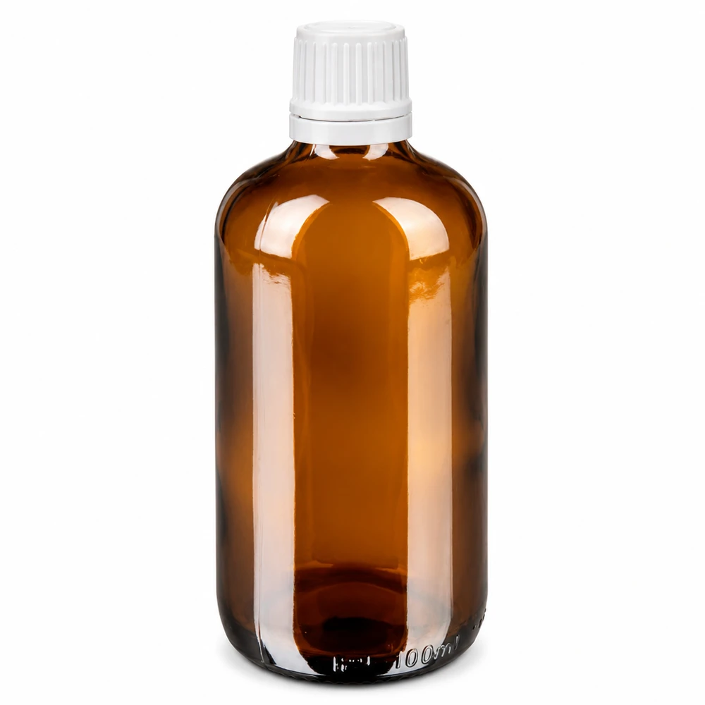 100 ml brun apotekstropflaska av brunt glas med vit OV-förslutning och 0,7 mm droppare