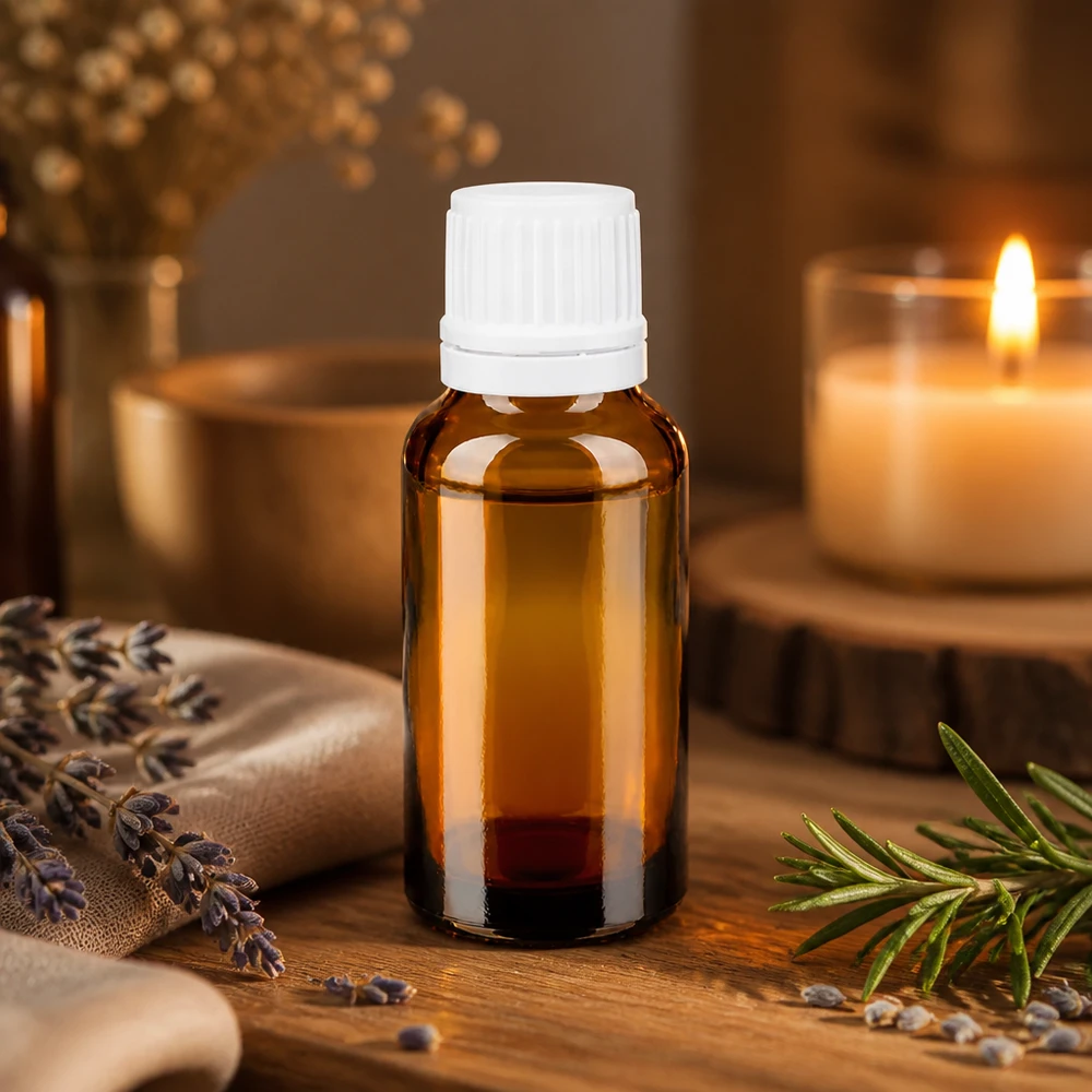 Liten 20 ml-flaska i brunt glas med vit droppflaska, omgiven av lavendel och rosmarin