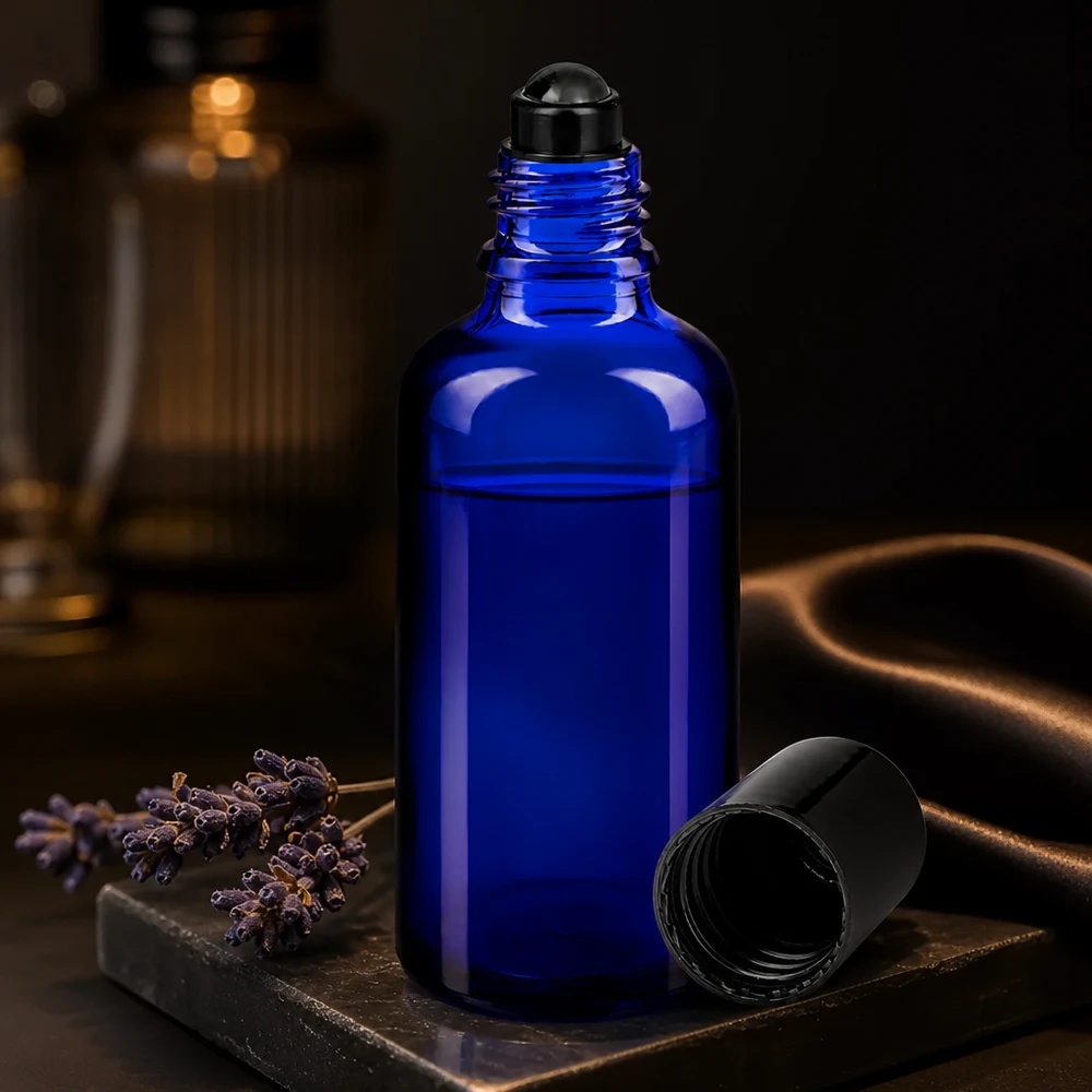 Apoteksflaska blå 50ml roll-on lock svart 50 ml roll-on-flaska i koboltblått UV-skyddsglas med svart kulapplikator och lavendel-dekor