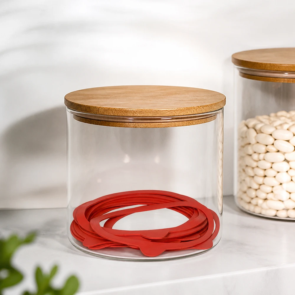 Tätningsring av naturgummi RR120 Röda konserveringsringar RR120 av naturgummi i en transparent förvaringsburk med bambulock i ett modernt kök