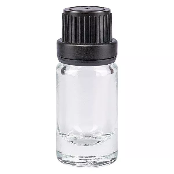 Apoteksflaska klar 5ml med svart skruvkork och säkerhetsförslutning Apoteksflaska klar 5ml med svart skruvkork och säkerhetsförslutning