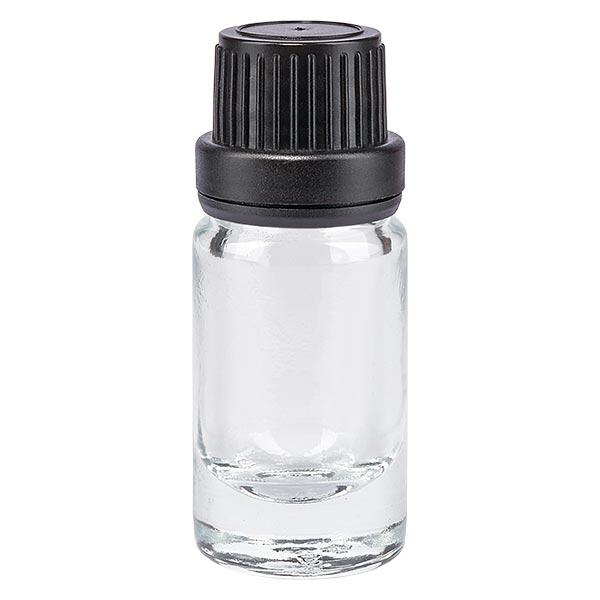 Apoteksflaska klar 5ml med svart skruvkork och säkerhetsförslutning Apoteksflaska klar 5ml med svart skruvkork och säkerhetsförslutning