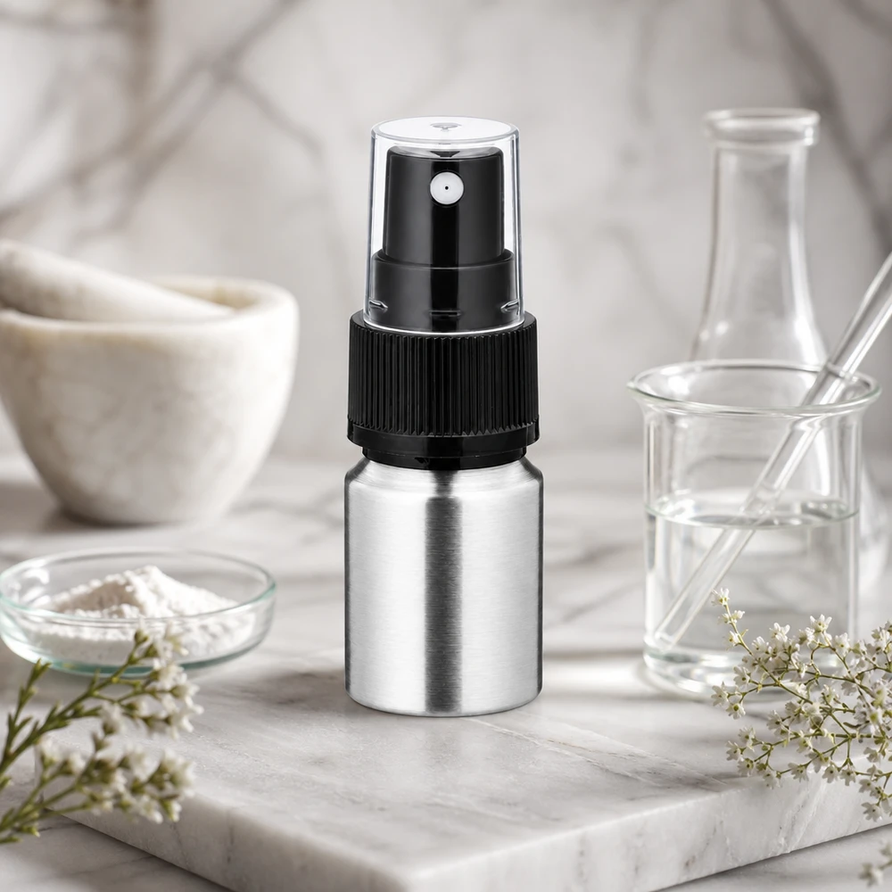 10ml polerad aluminiumflaska med atomiserare Matt silverfärgad 10 ml aluminiumflaska med svart atomiserare - elegant polerad yta för parfym