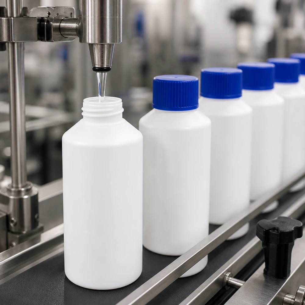 En automatisk tappningsanläggning fyller vita 50 ml HDPE-apotekflaskor med blå skruvkorkar