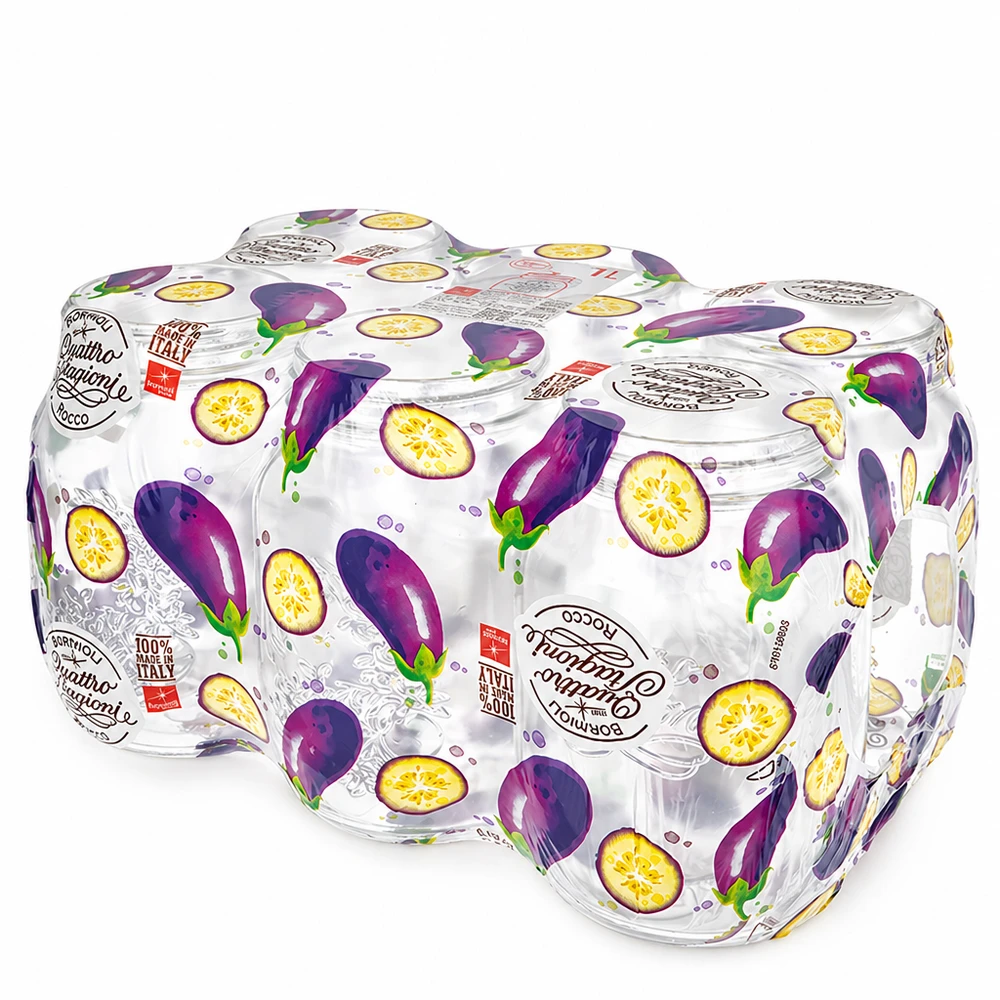 1000ml rund burk "Quattro Stagioni" QS86mm Quattro Stagioni hushållsburkar 1000 ml med auberginedekor i ett praktiskt paket om fyra för konservering och förvaring