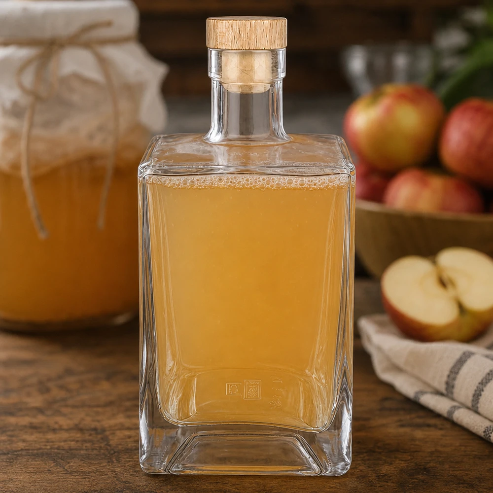 700 ml glasflaska Ben med kork med trähandtag UNiTWIST® 700 ml glasflaska Ben fylld med äppelbrandy bredvid färska äpplen Köksdekoration Träkork UNiTWIST fruktbrandy
