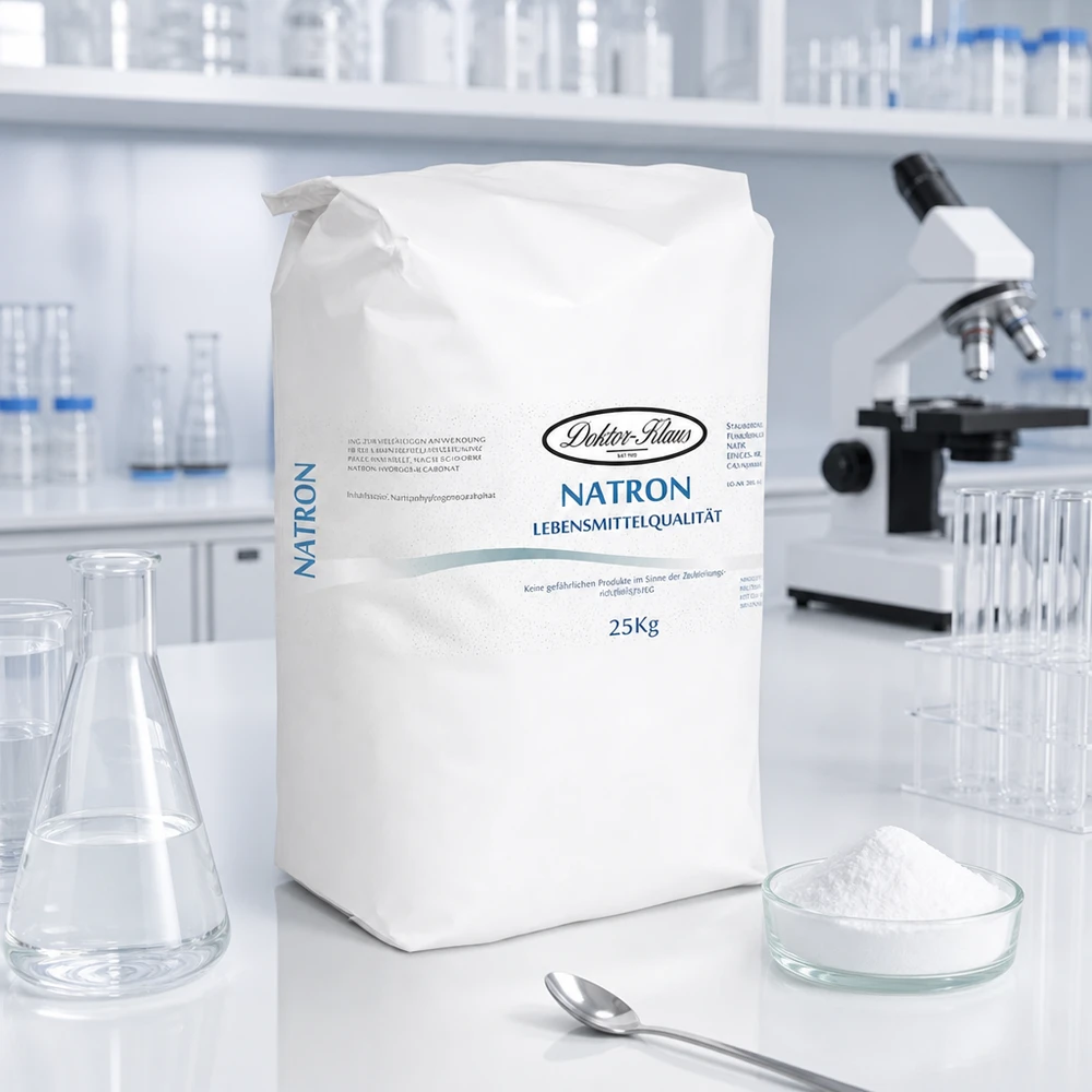 Natriumbikarbonatpulver (natriumvätekarbonat) 25kg Vit 25 kg papperspåse med bakpulver i en laboratoriemiljö för professionella kemiska tillämpningar