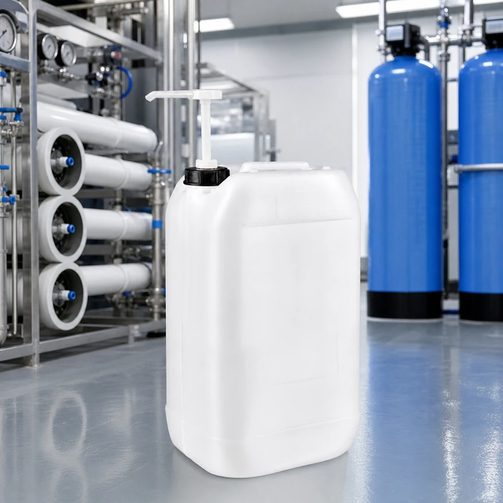 Dunk 15 liter med doseringspump 15-litersdunk med doseringspump i vattenreningsanläggningen bredvid omvänd osmosmembranen