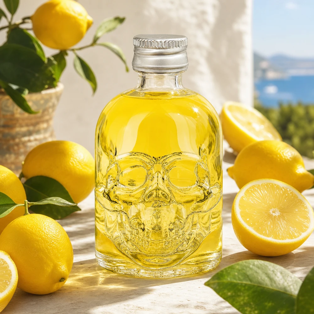50 ml glasflaska Hector och skruvkork silver UNiTWIST® 50 ml glasflaska Hector i form av en dödskalle med gult innehåll dekorerad mellan färska citroner på ett träbord