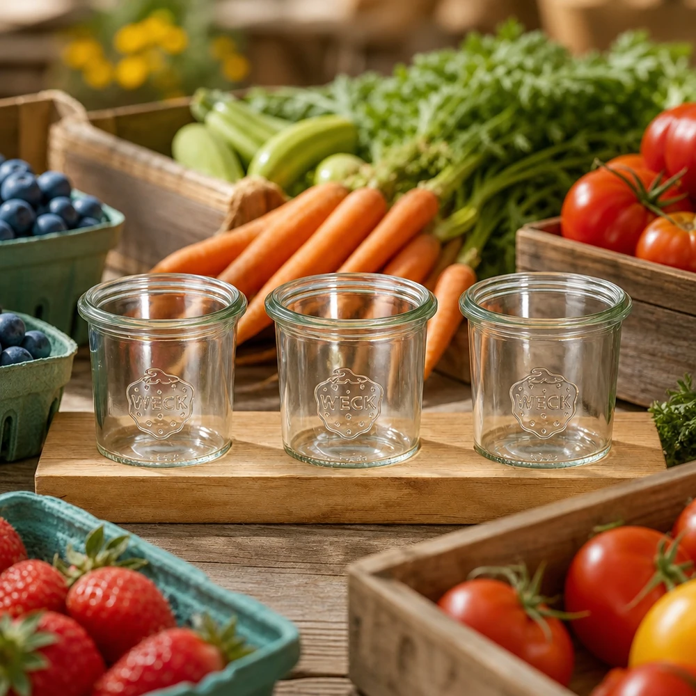 WECK glas 140ml på serveringsbräda Plano3 dekorerad mellan färska marknadsgrönsaker tomater morötter och bär