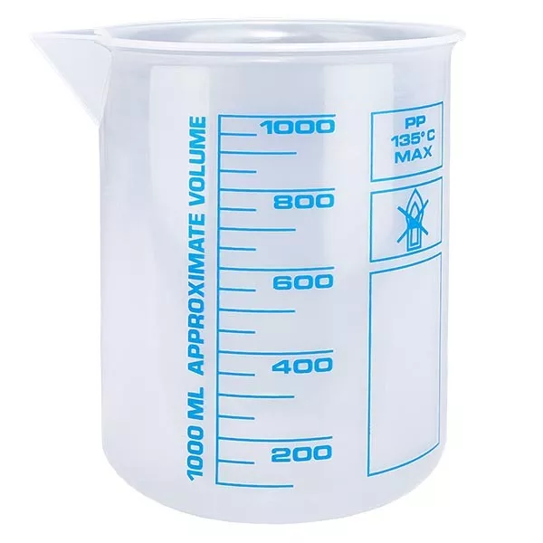 1000 ml mätbägare (Griffin-bägare) PP, antistatisk, med hög transparens enligt DIN 12.311, med gradfri pärlkant, tryckt blå skala 1000 ml mätbägare (Griffin-bägare) PP, antistatisk, med hög transparens enligt DIN 12.311, med gradfri pärlkant, tryckt blå skala